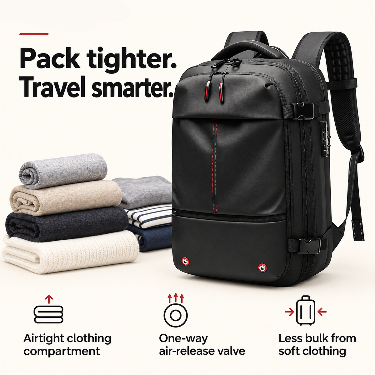 backpack feature card: Pack tighter. Travel smarter. Airtight clothing compartment; One-way air-release valve; Less bulk from soft clothing