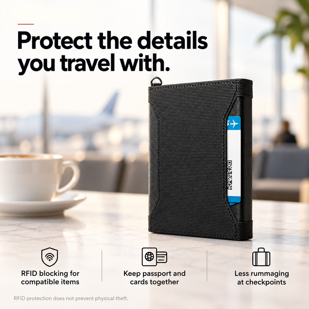 passport holder feature card: Protect the details you travel with. RFID blocking for compatible items; Keep passport and cards together; Less rummaging at checkpoints