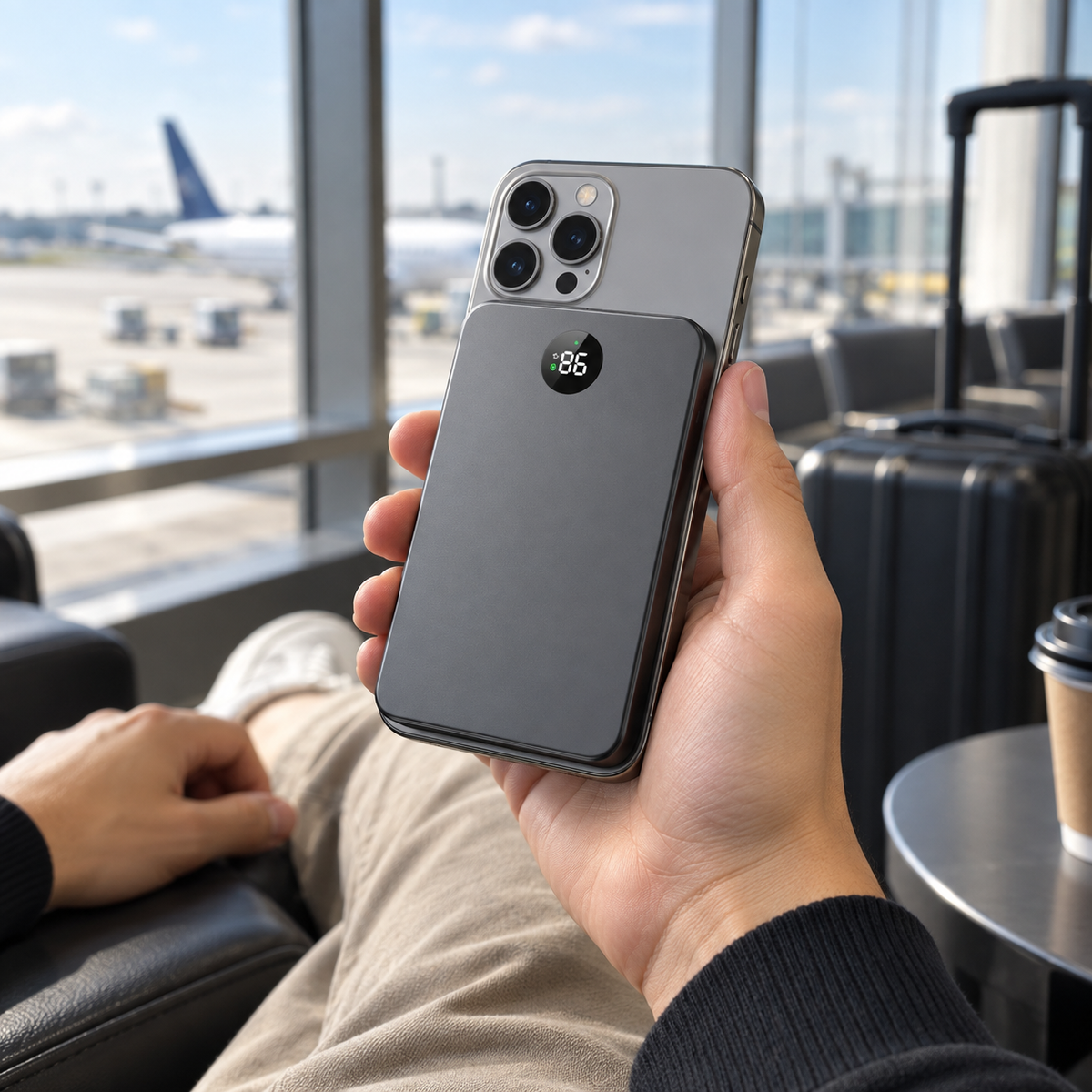 Magnetic power bank attached to a phone in an airport departure lounge