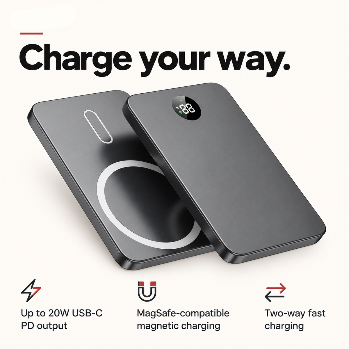 power bank feature card: Charge your way. Up to 20W USB-C PD output; MagSafe-compatible magnetic charging; Two-way fast charging