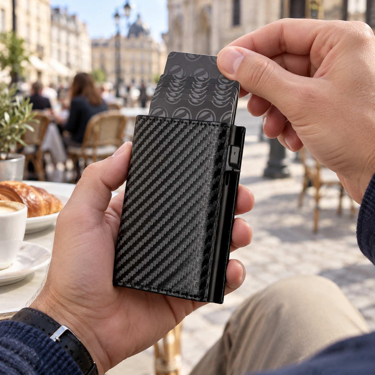 Traveller selecting a card from the carbon pattern pop up wallet at a city cafe