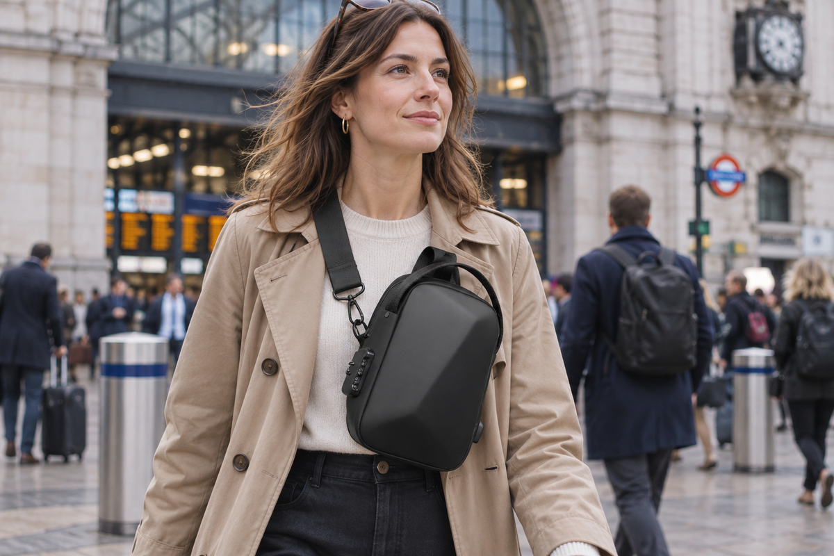 Traveller wearing a black anti-theft sling bag across her front outside a busy London station
