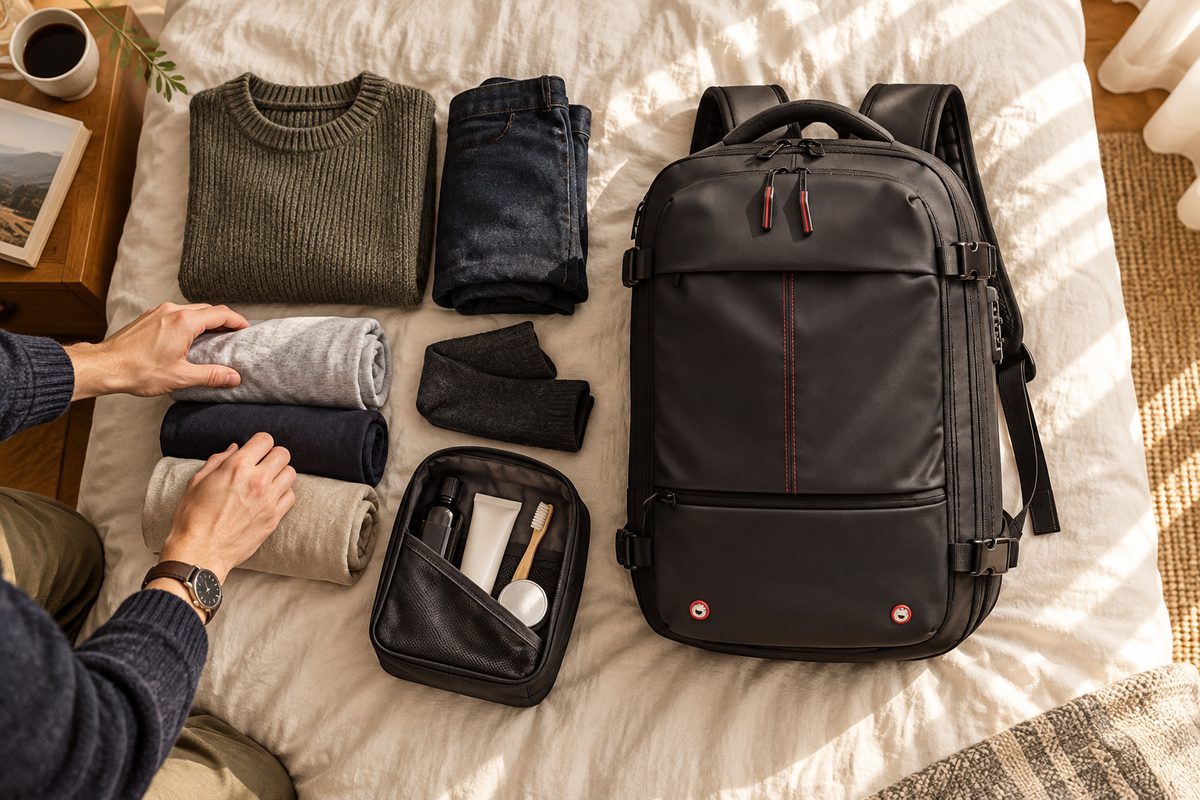 Black vacuum compression backpack beside neatly arranged weekend clothes on a hotel bed
