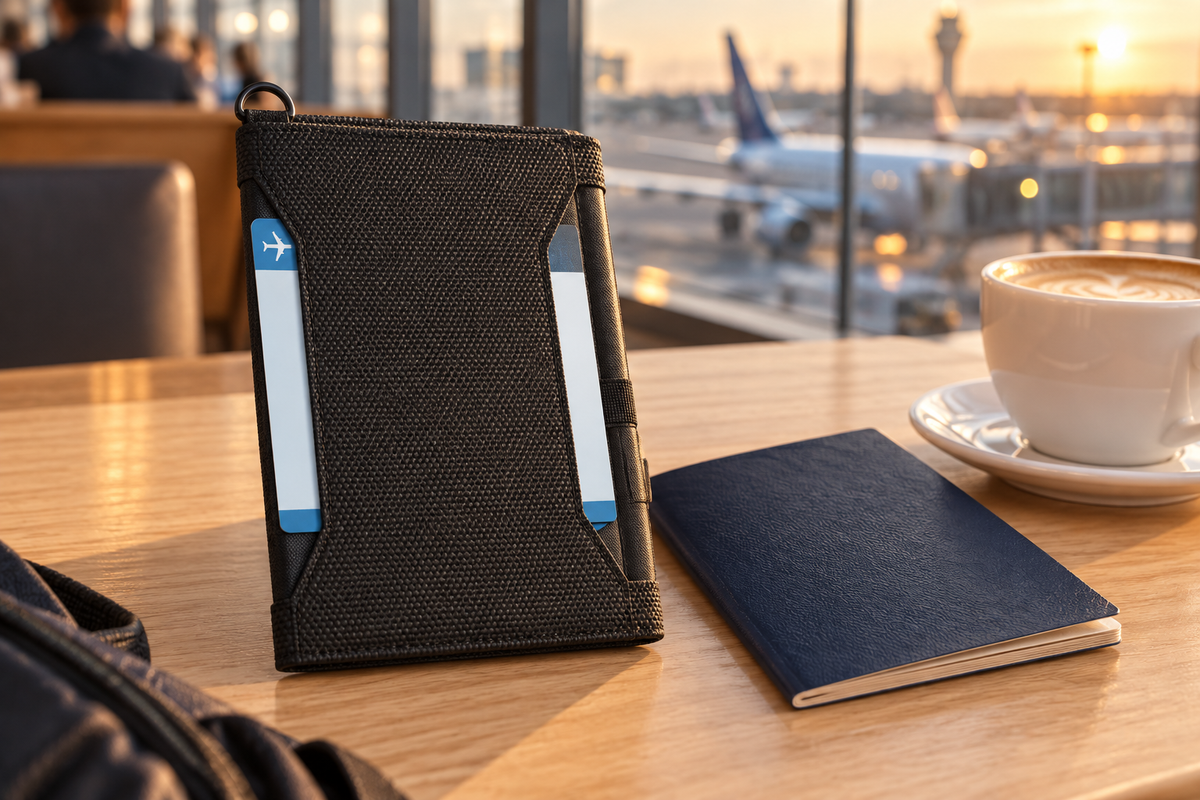 Black textured passport holder and navy passport on an airport cafe table in warm evening light