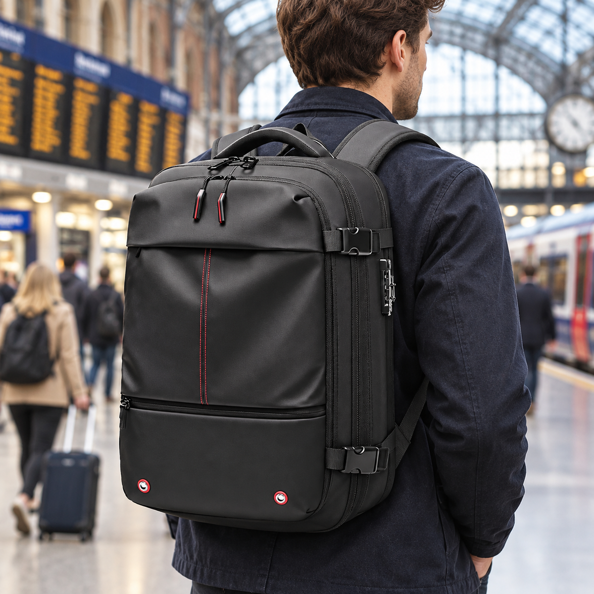 Traveller wearing the black compression backpack in a railway station