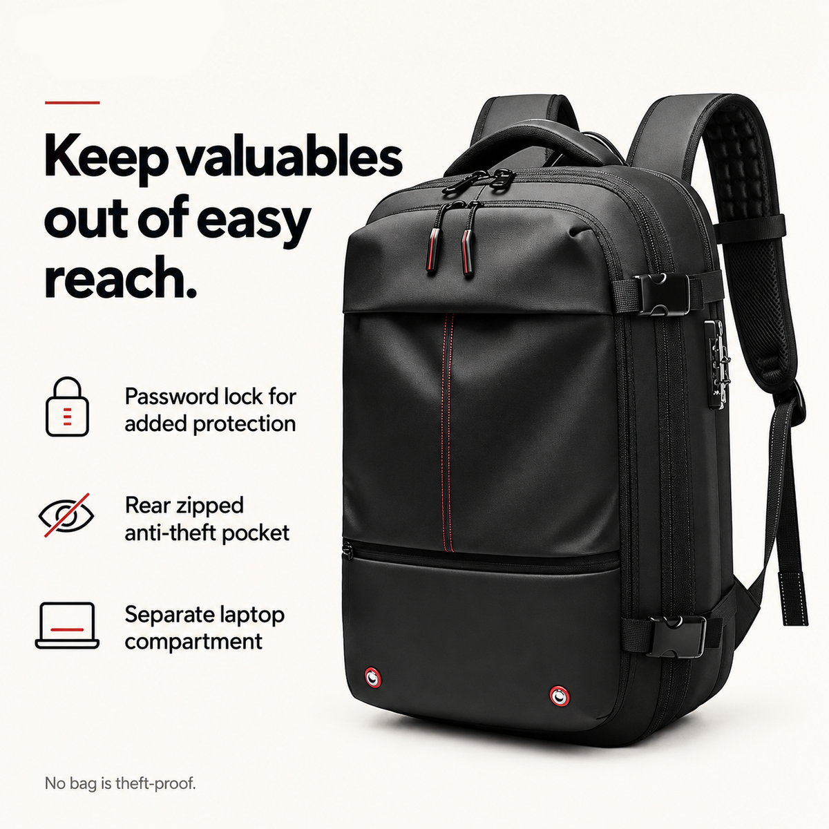 backpack feature card: Keep valuables out of easy reach. Password lock for added protection; Rear zipped anti-theft pocket; Separate laptop compartment