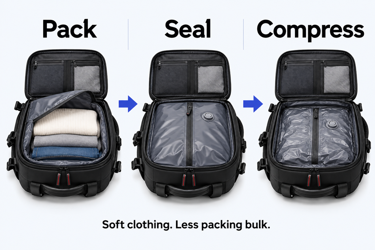 Illustrative pack, seal and compress sequence showing soft clothing in the backpack airtight compartment