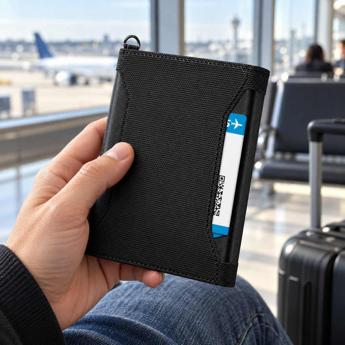 Black passport holder with boarding pass held in an airport lounge