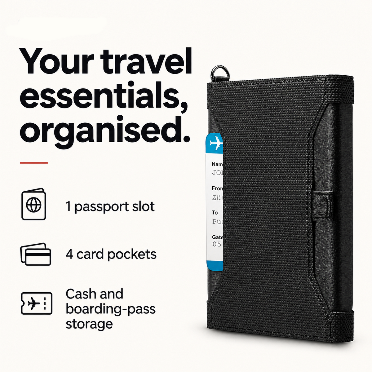 passport holder feature card: Your travel essentials, organised. 1 passport slot; 4 card pockets; Cash and boarding-pass storage