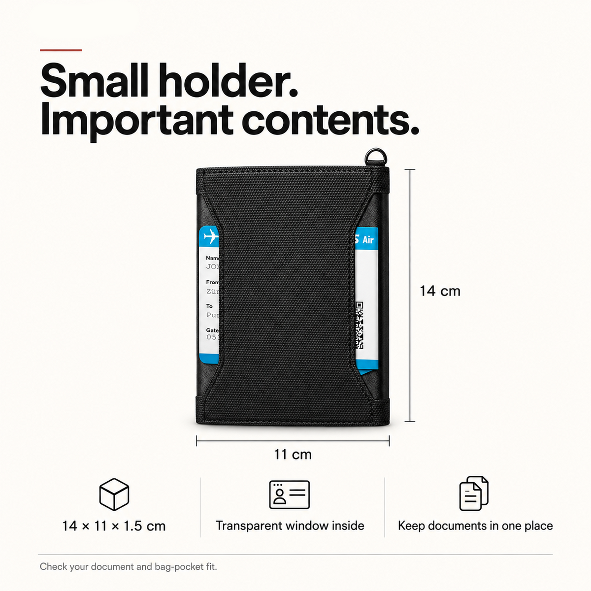 passport holder feature card: Small holder. Important contents. 14 × 11 × 1.5 cm; Transparent window inside; Keep documents in one place