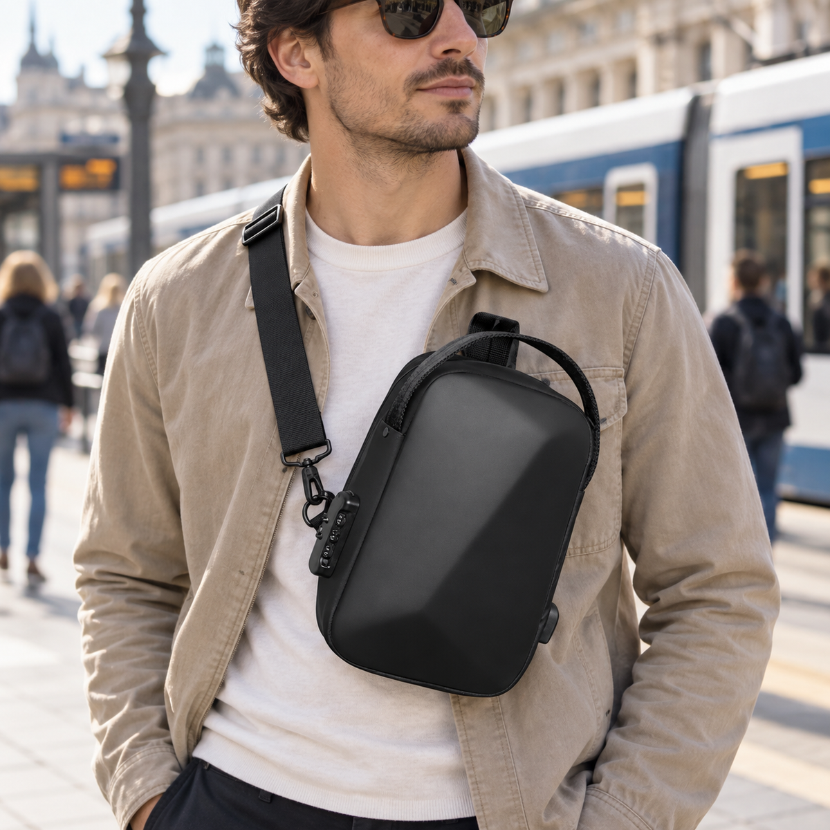 Traveller wearing the black anti theft sling bag at the front near city public transport