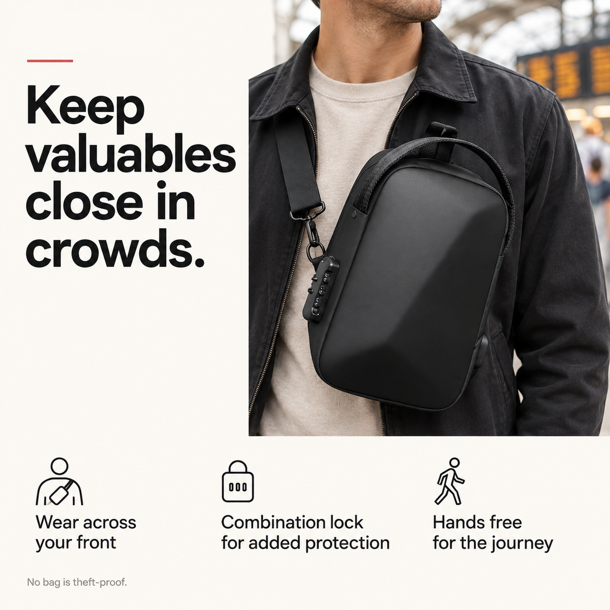 sling feature card: Keep valuables close in crowds. Wear across your front; Combination lock for added protection; Hands free for the journey