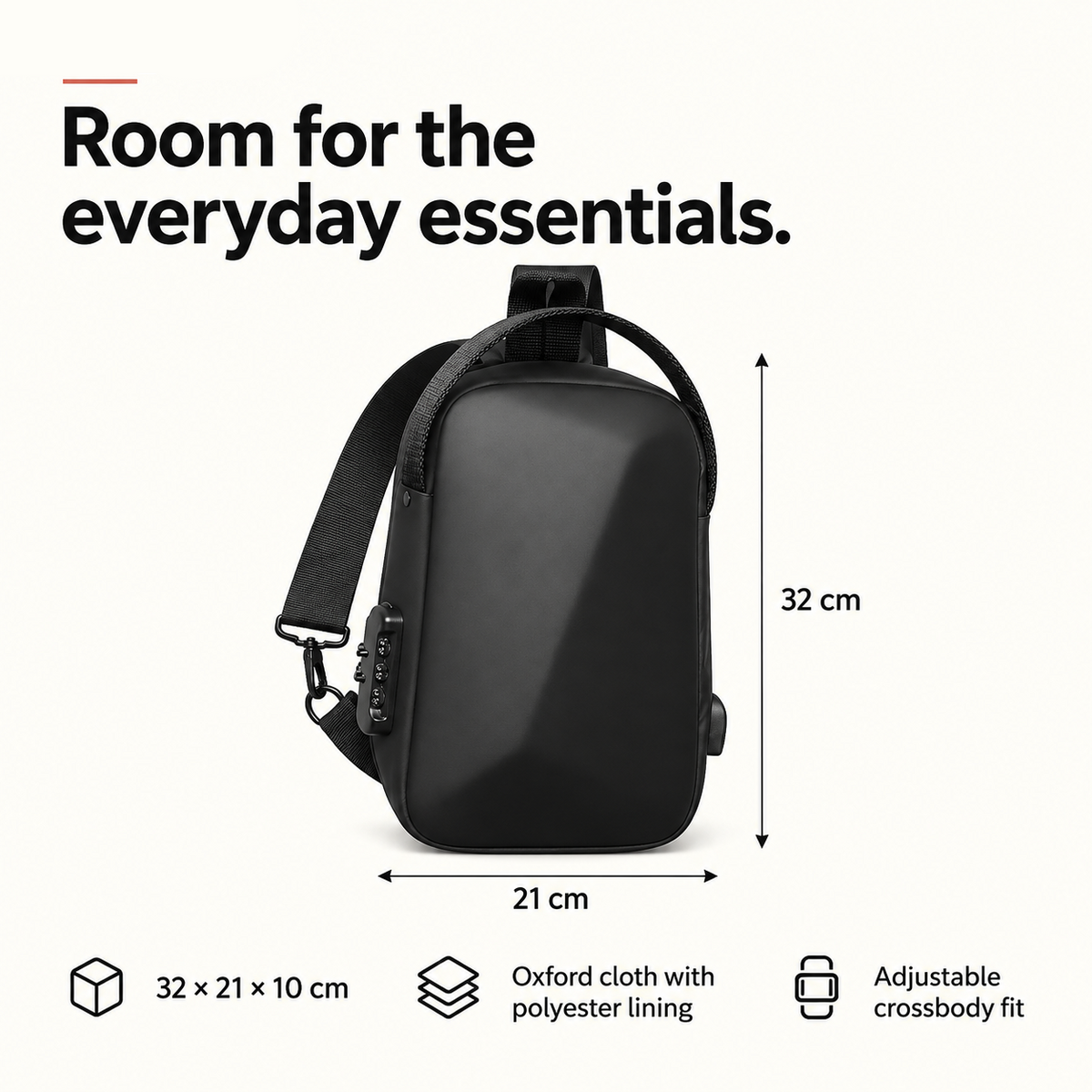 sling feature card: Room for the everyday essentials. 32 × 21 × 10 cm; Oxford cloth with polyester lining; Adjustable crossbody fit