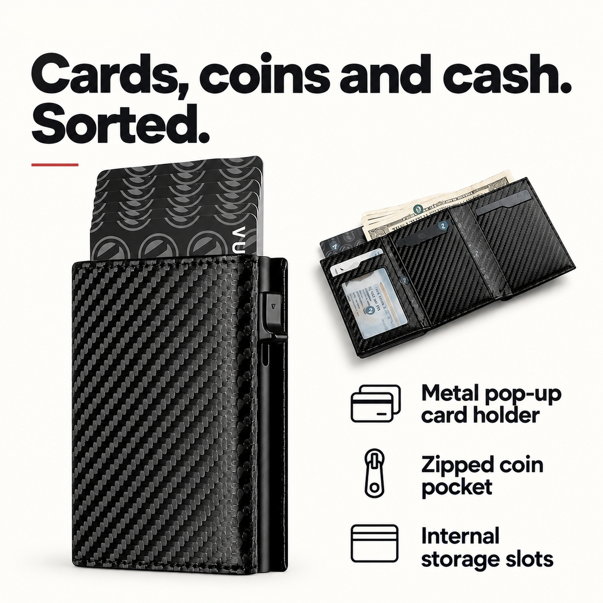 wallet feature card: Cards, coins and cash. Sorted. Metal pop-up card holder; Zipped coin pocket; Internal storage slots