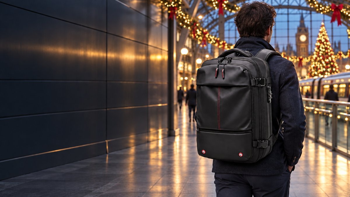 Wayhold compression backpack worn by a traveller in a Christmas-decorated station, 16:9 desktop hero.