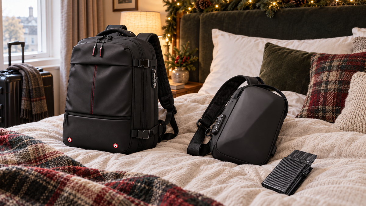 Compression backpack, anti-theft sling and compact carbon-pattern RFID wallet resting on a rumpled hotel bed ready for a Christmas trip.